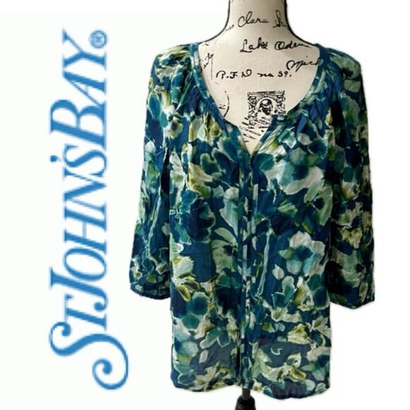 New water floral boho puff sleeves aqua Rayon blouse St. John’s Bay - Picture 1 of 14